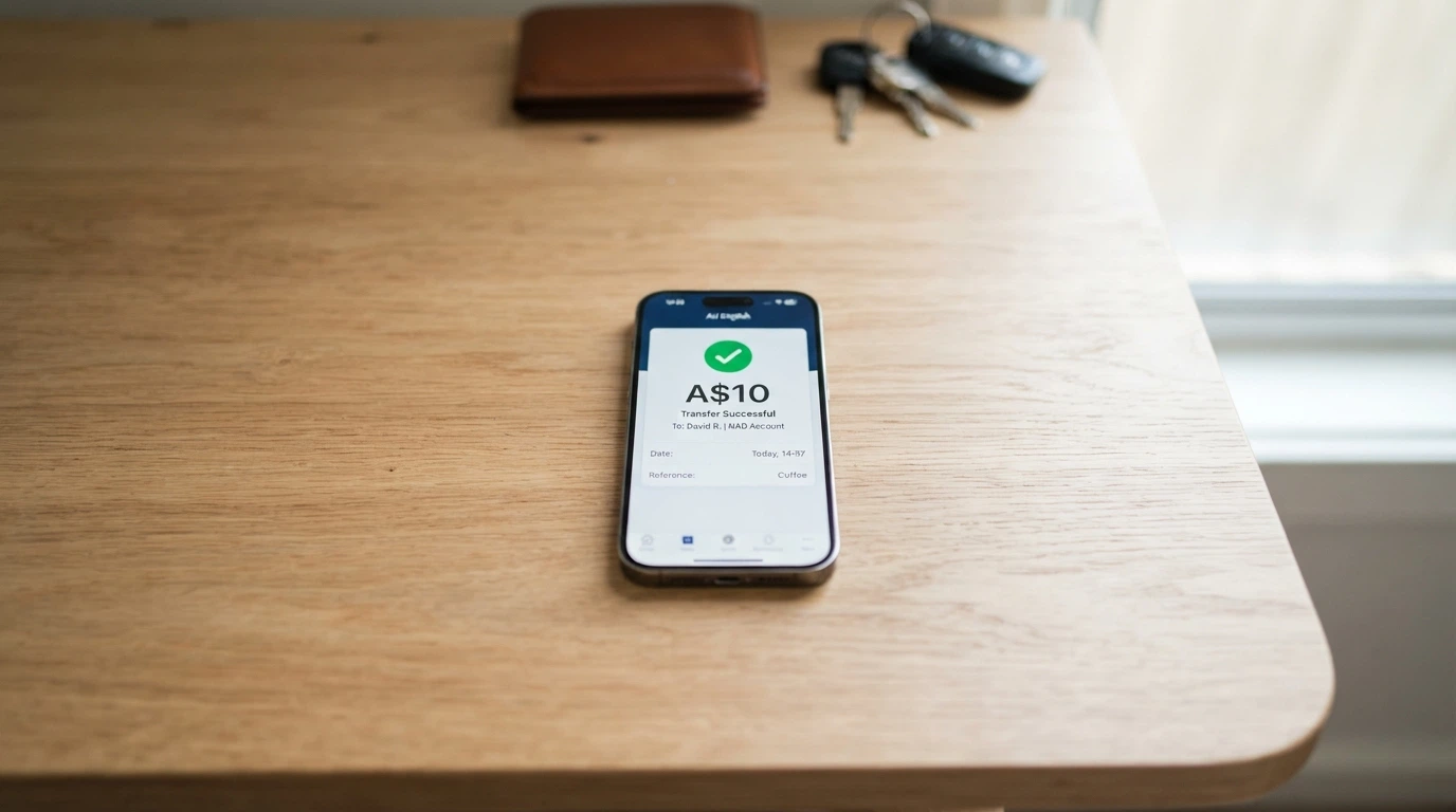 A smartphone showing a PayID bank transfer confirmation for a ten-dollar casino deposit