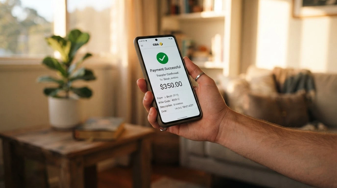 A smartphone screen showing a PayID transfer confirmation with a timestamp, a modest dollar amount and an “approved” status, photographed in an Australian home setting