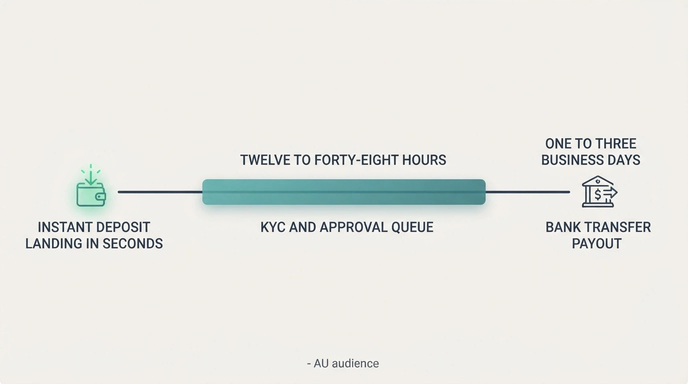 A timeline showing PayID deposit landing in seconds vs the 12–48 hour KYC and approval queue for withdrawals