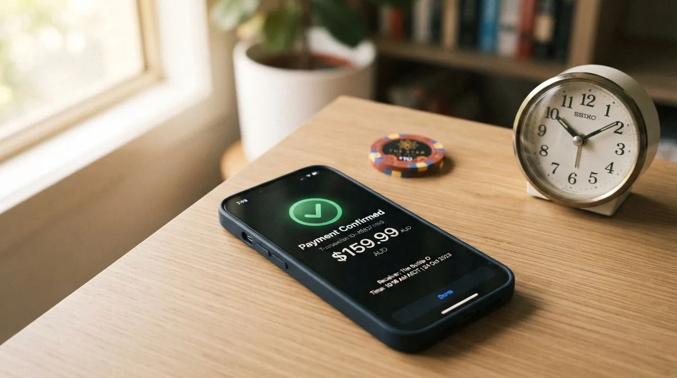 A smartphone screen displaying a PayID transaction confirmation with a timestamp beside a stylised clock showing 5–30 minutes, with Australian dollar banknotes in the background