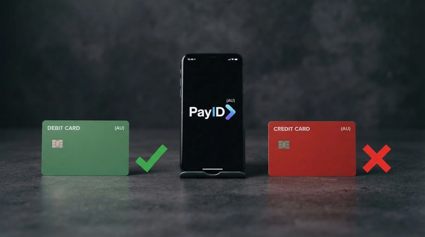 A row of payment icons — a debit card with a green tick, a smartphone showing PayID, and a credit card with a red cross — arranged against a dark background