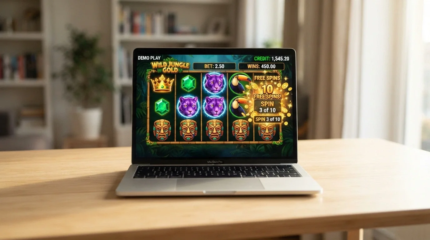A laptop browser window open to a pokies game in demo mode, showing a virtual-credit balance and a free-spins round in progress on a colourful reel set