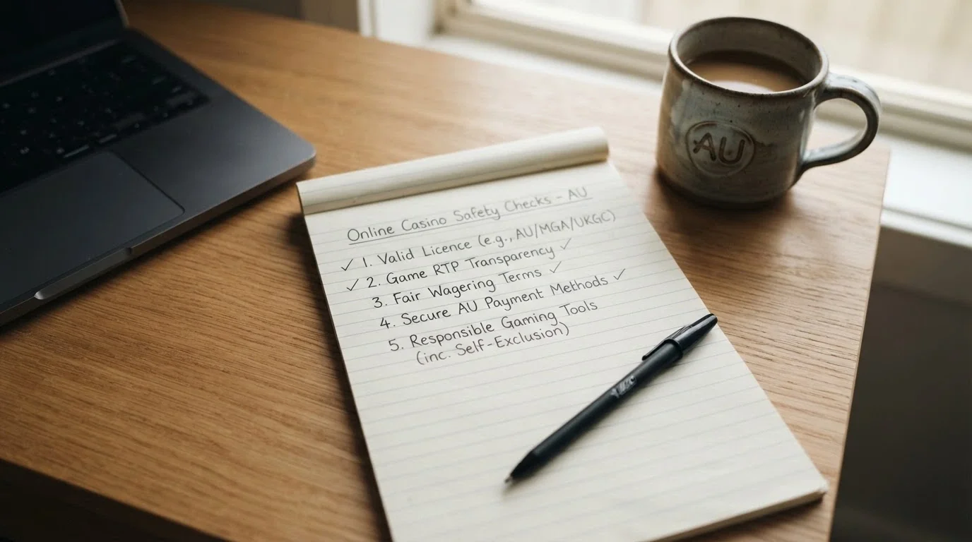 A notepad with a handwritten checklist of the five factors covered on the page — licence status, game RTP, wagering terms, payment method rules and self-exclusion coverage