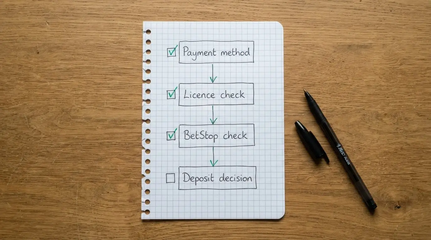 A simple decision flowchart on a notepad or whiteboard: payment method check → licence check → BetStop check → deposit decision