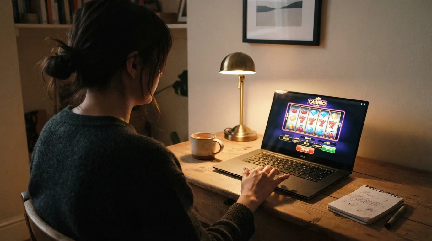 A person sitting at a desk with a laptop open to a casino site, hand resting on the trackpad, in a domestic setting