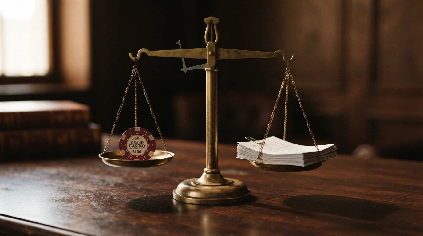 A simple set of balance scales with a “50 Free Spins” chip on one side and a stack of terms-and-conditions pages on the other, the T&Cs side heavier