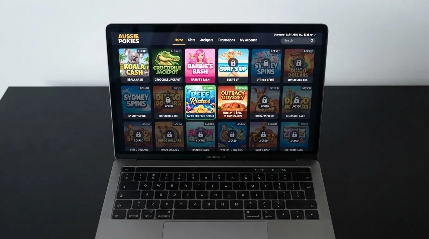 A grid of online pokie cover tiles on a casino lobby screen, with a green “Free Spins Eligible” badge on two titles and greyed-out locks on the rest
