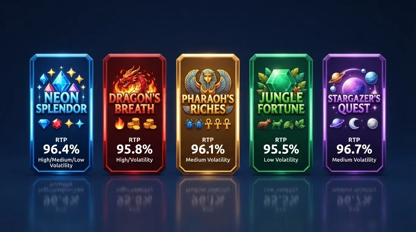 Five popular pokies title cards arranged in a row with their RTP percentages and volatility labels beneath each one