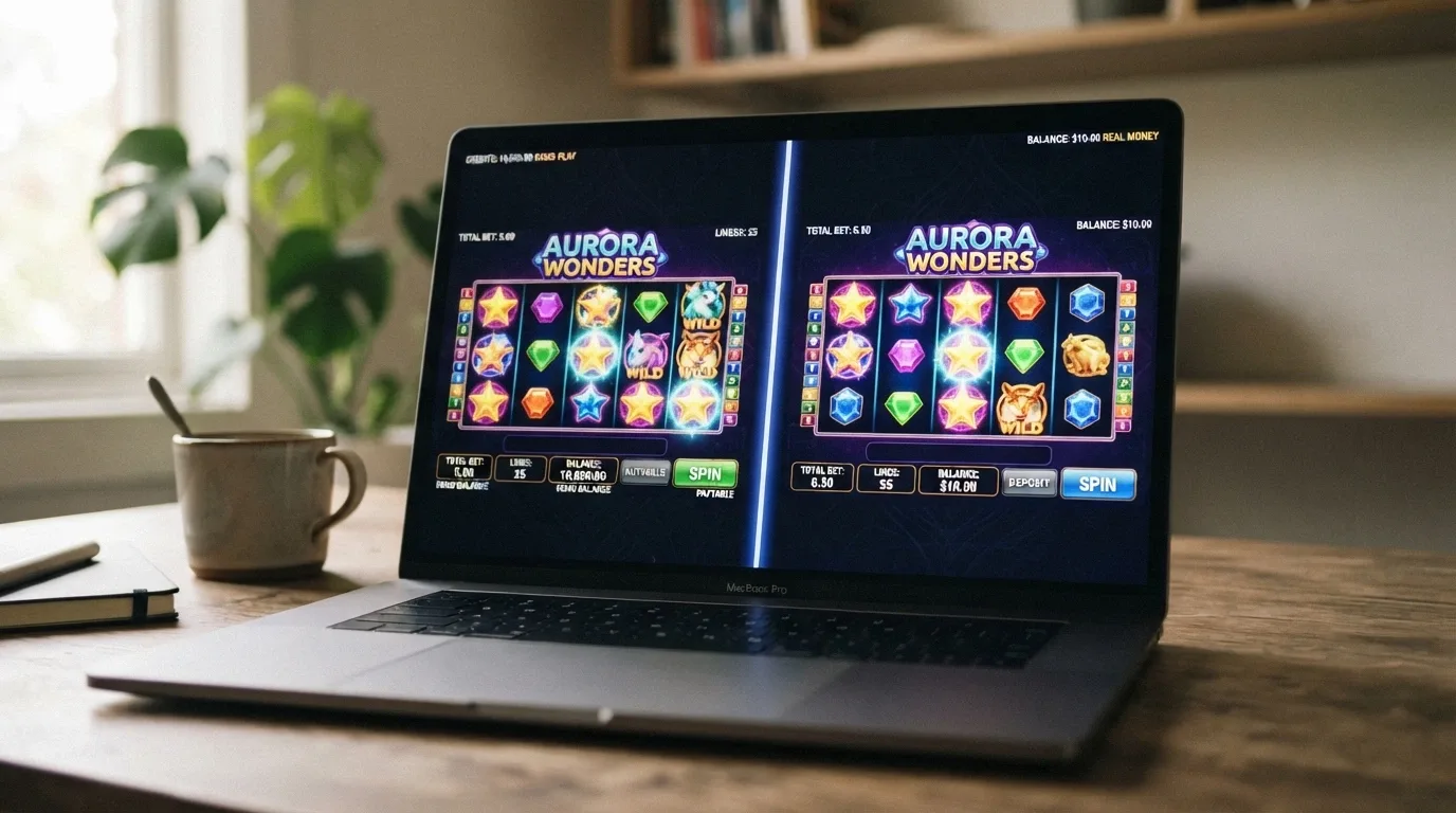 A split screen: one side showing a pokies game in “DEMO” mode with a play-money balance of 10,000 credits, the other showing the same game with a real-money balance of $10.00