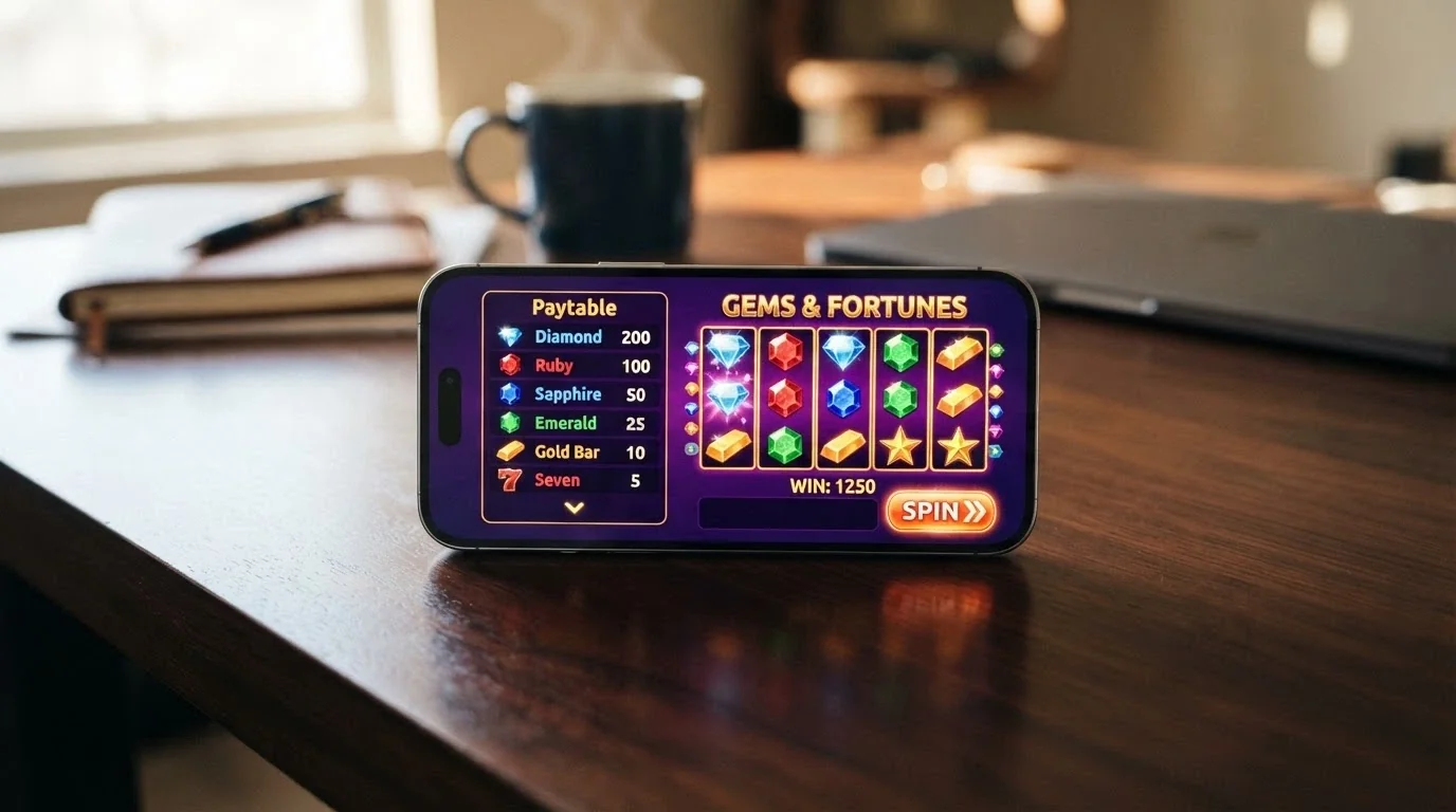 A pokie game running in landscape mode on an iPhone, showing the spin button and paytable