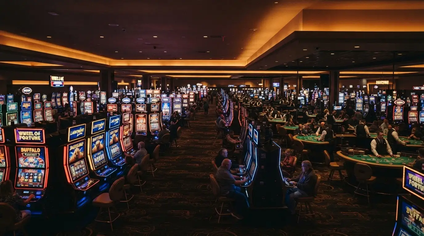 Rows of electronic gaming machines across the SkyCity Adelaide gaming floor with table games visible beyond