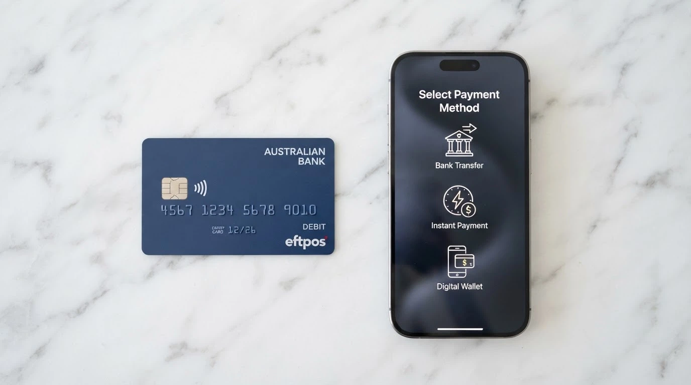 Australian debit card beside a smartphone showing PayID, bank transfer and crypto payment icons