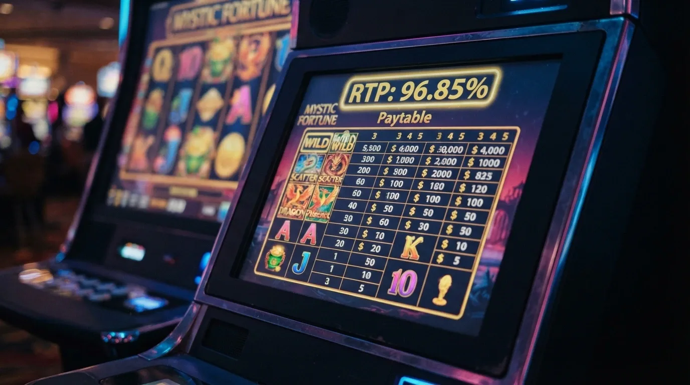 A close crop of a pokie game screen showing the paytable and RTP figure, with the reels blurred in the background