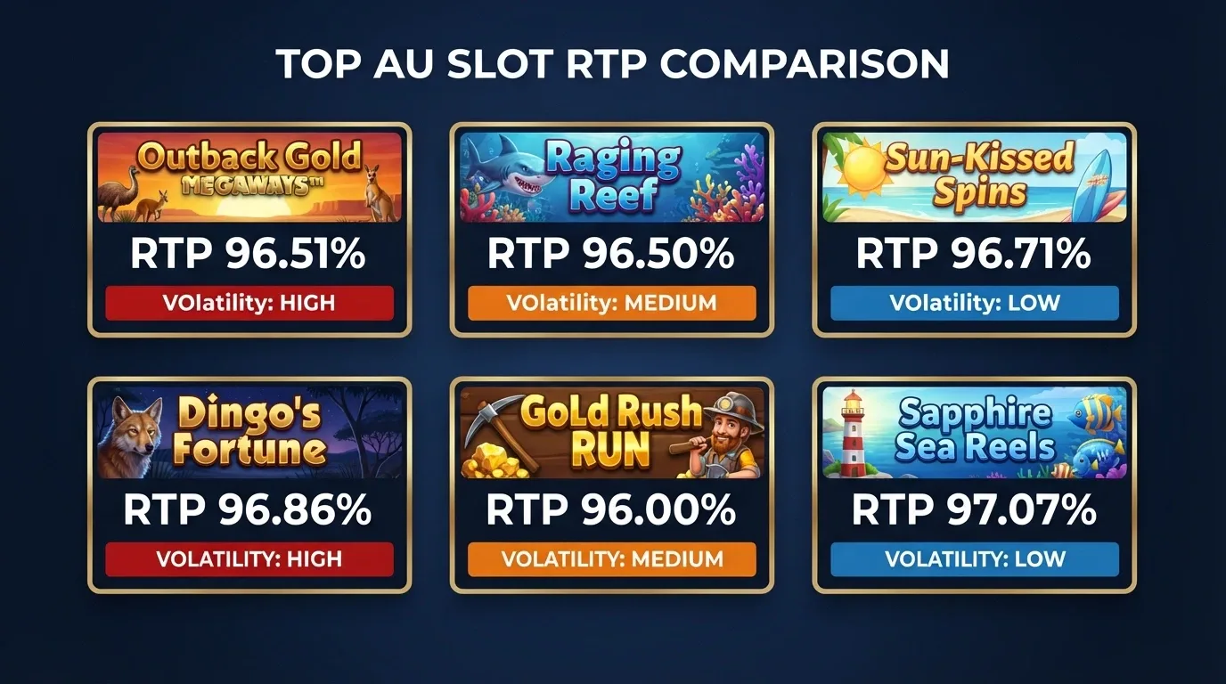 A visual comparison of slot title cards with RTP percentages overlaid