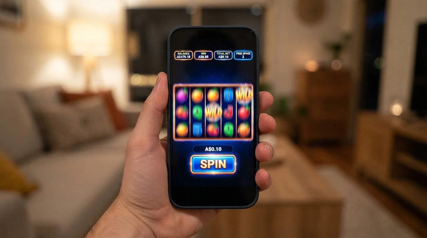 A smartphone running a colourful online pokie with the spin button labelled A$0.10, four glowing spin counters visible, the reels mid-spin