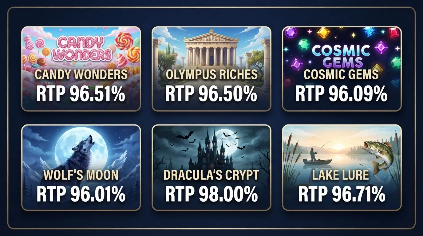 A grid of colourful pokies title cards including Sweet Bonanza, Gates of Olympus and Wolf Gold with their RTP percentages displayed beside each