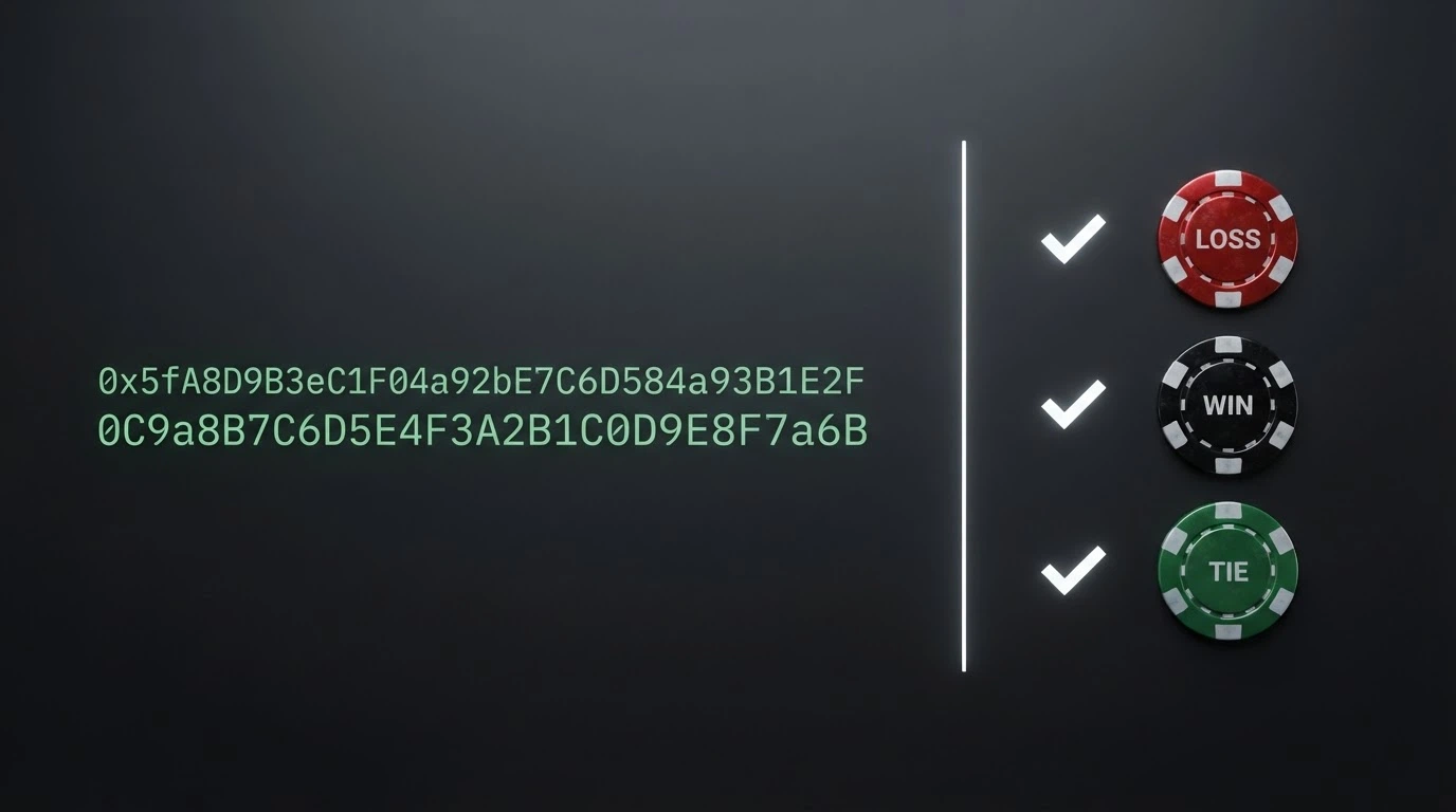 A split-screen diagram showing a SHA-256 hash string on one side and rows of verified casino game results on the other
