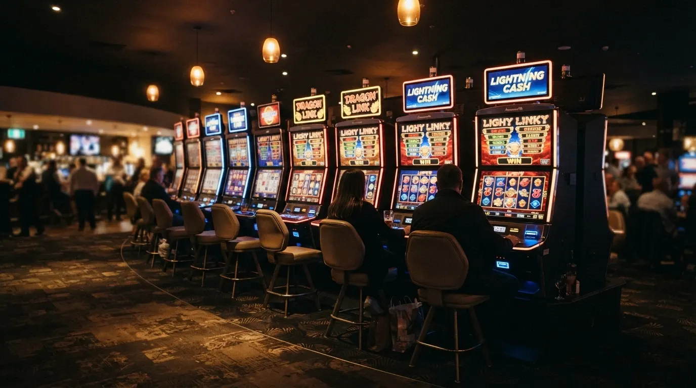 A row of Aristocrat poker machines inside an Australian pub or club, with players seated at the screens