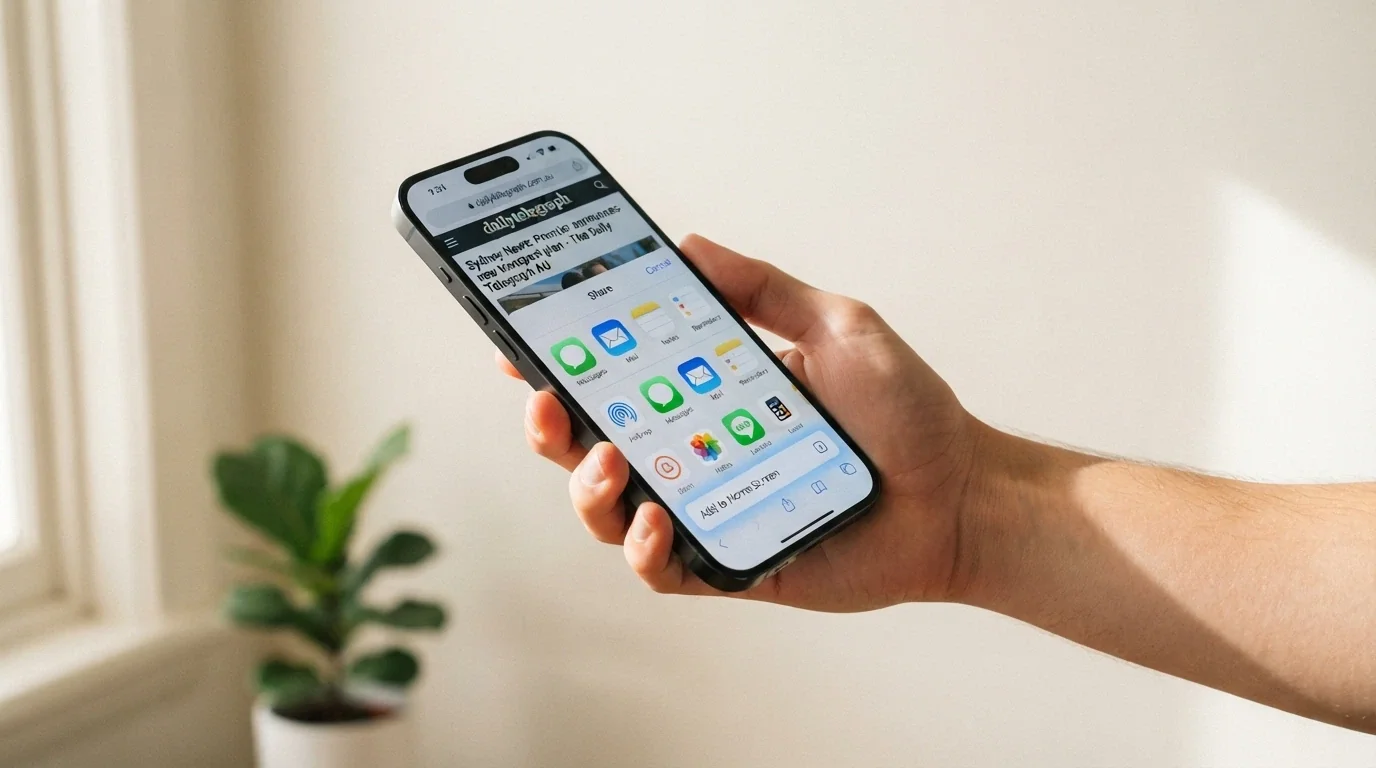 Step-by-step screenshots of the Safari Share menu and Add to Home Screen button on an iPhone