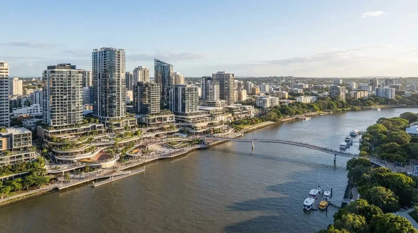 The Queen's Wharf Brisbane development along the riverfront with the Neville Bonner Bridge in frame