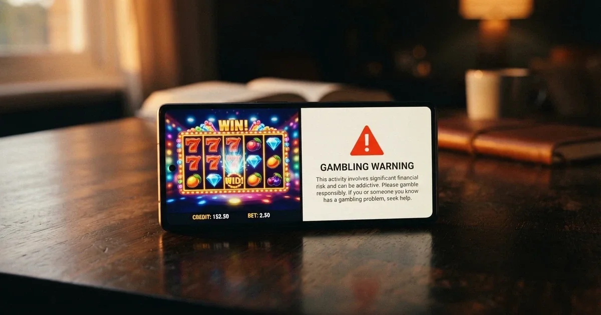 A split-screen showing a modern Android phone with a pokies game on one side and a warning icon over a casino licence document on the other