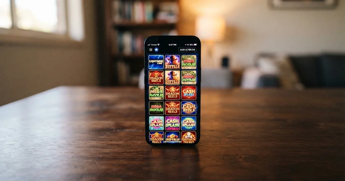 A smartphone screen showing a row of colourful pokies game icons on a mobile casino home screen, with AUD dollar amounts visible on the balance display
