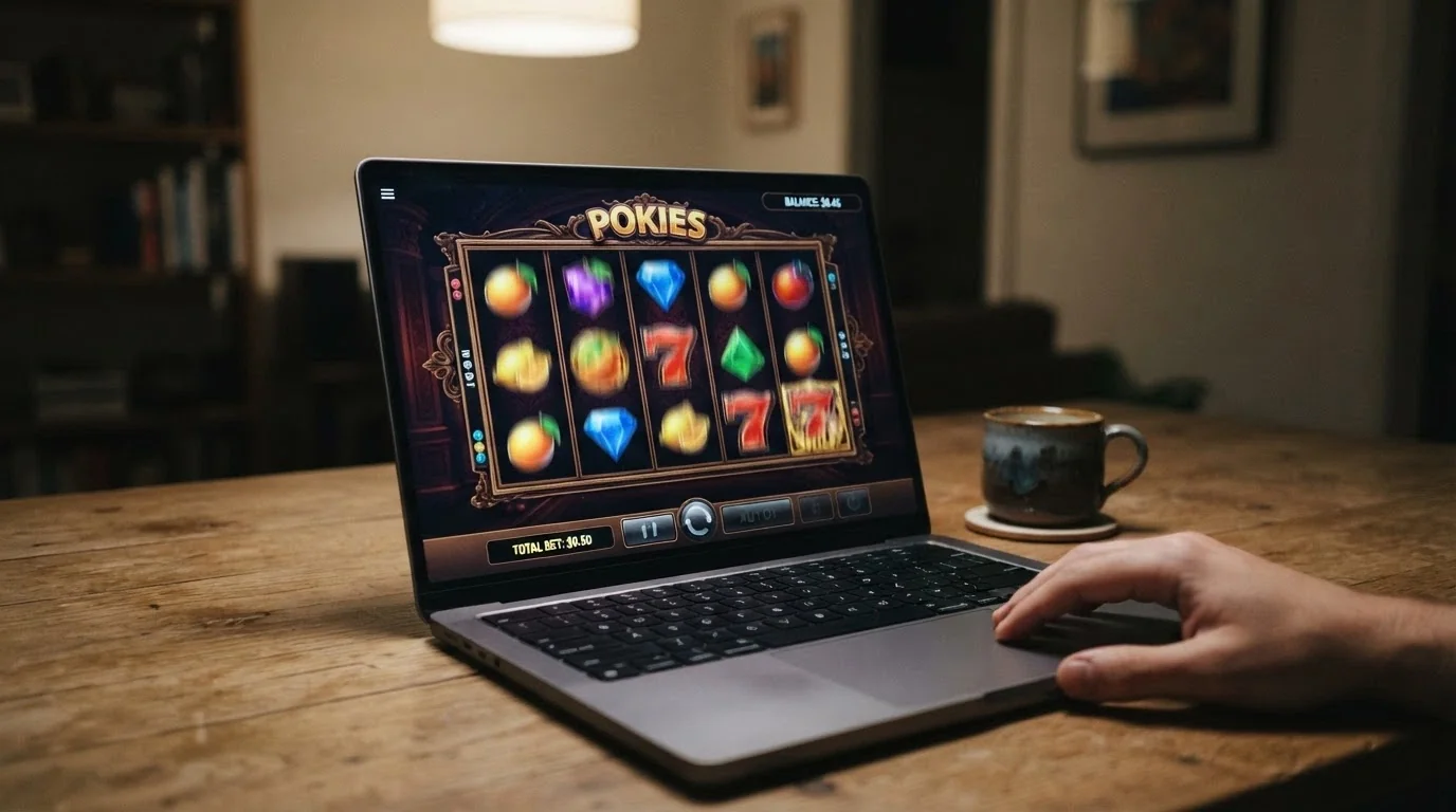 A pokies game screen showing a small balance of a few dollars with bet-size controls set to A$0.10 and only a handful of spins remaining