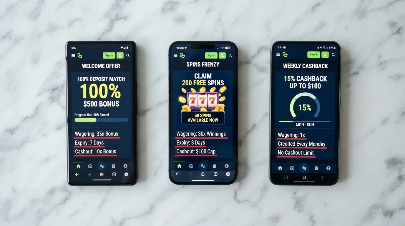Three mobile screens showing different reload offer formats — a percentage deposit match, a free-spins bundle and a cashback summary — with different terms highlighted