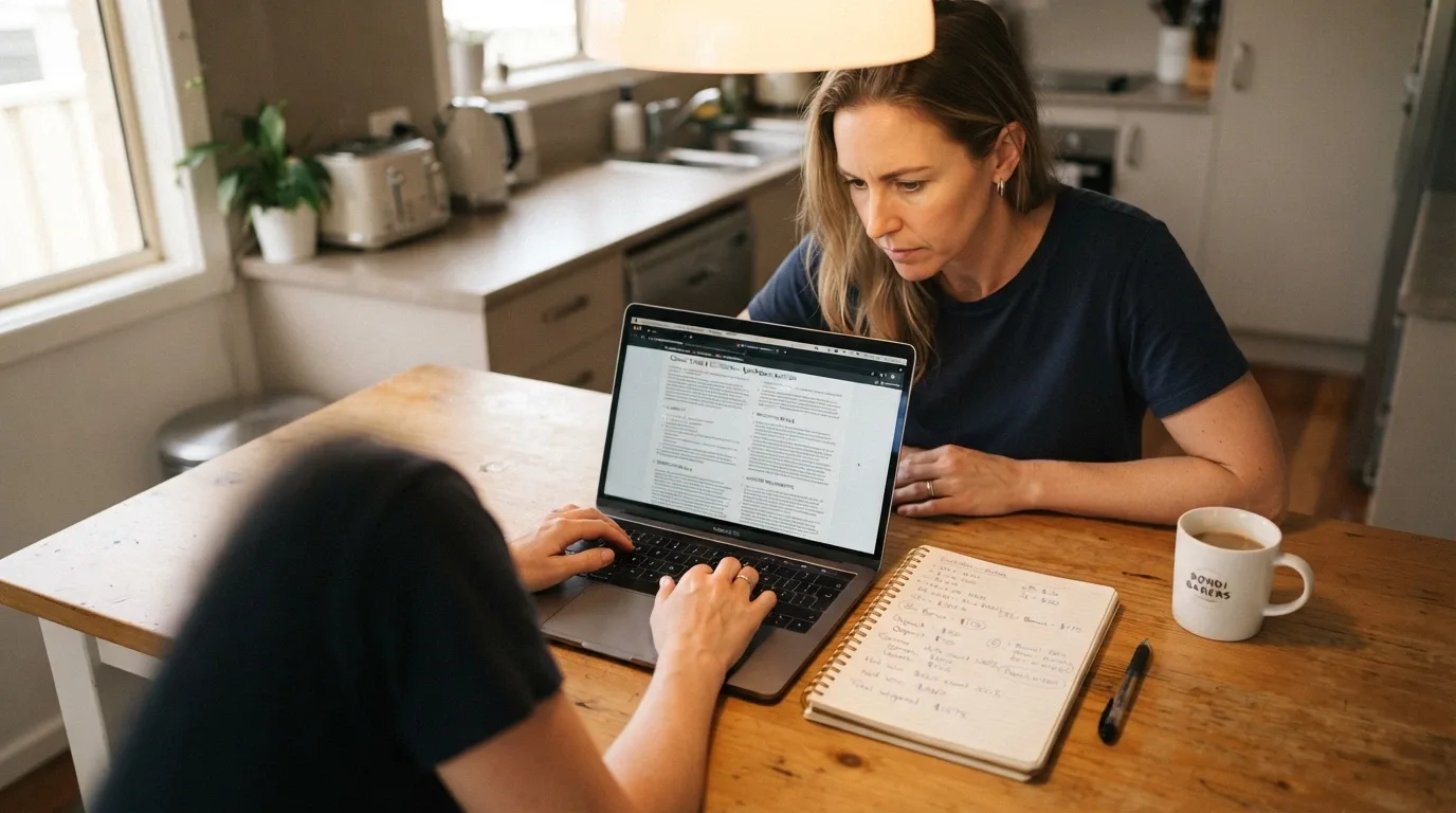 An Australian player sitting at a kitchen table with a laptop, a notebook with handwritten figures beside a coffee cup, the laptop screen showing a casino terms page