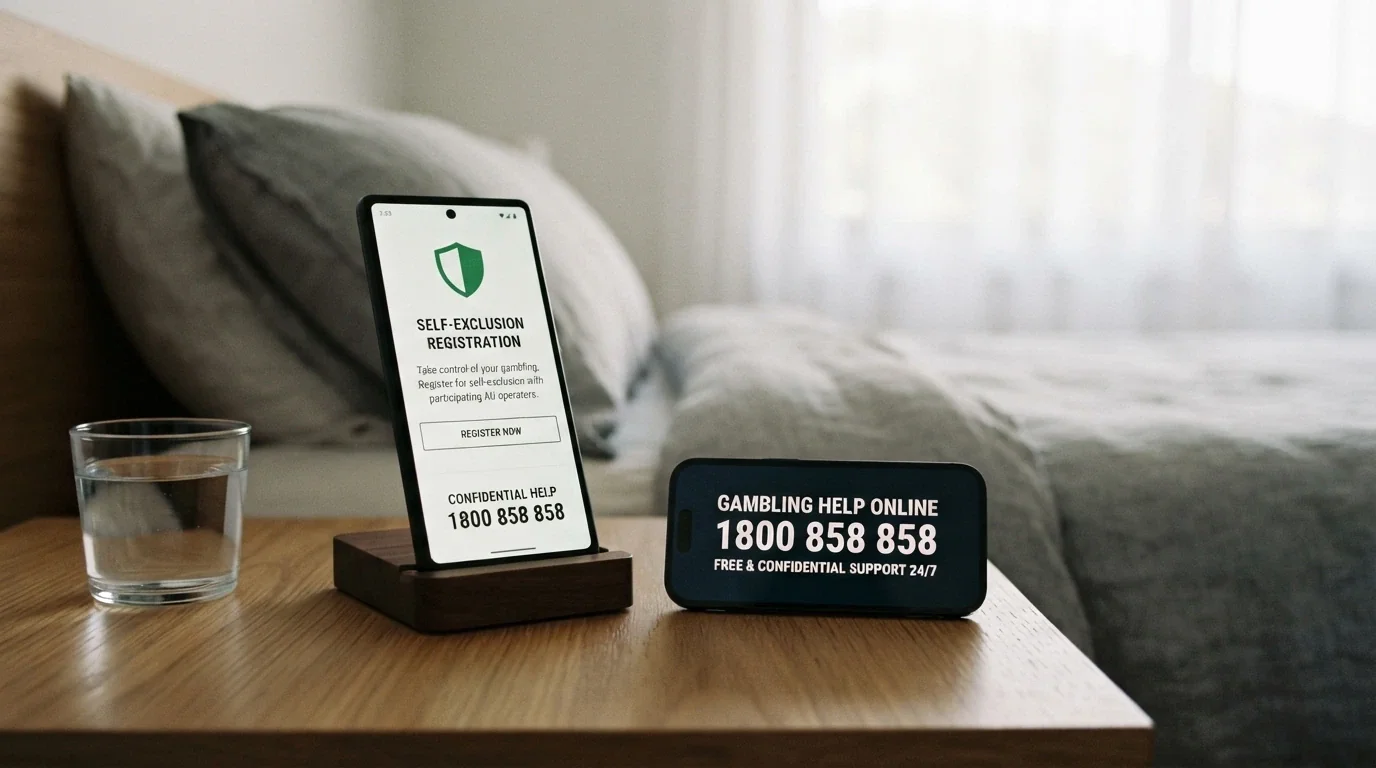 BetStop logo and National Gambling Helpline number displayed on a clean screen with a phone handset beside it