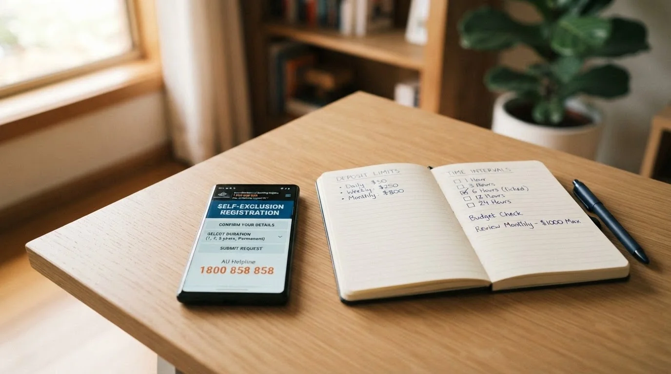 A phone screen showing the BetStop registration page and the 1800 858 858 helpline number, with a notebook listing deposit-limit options