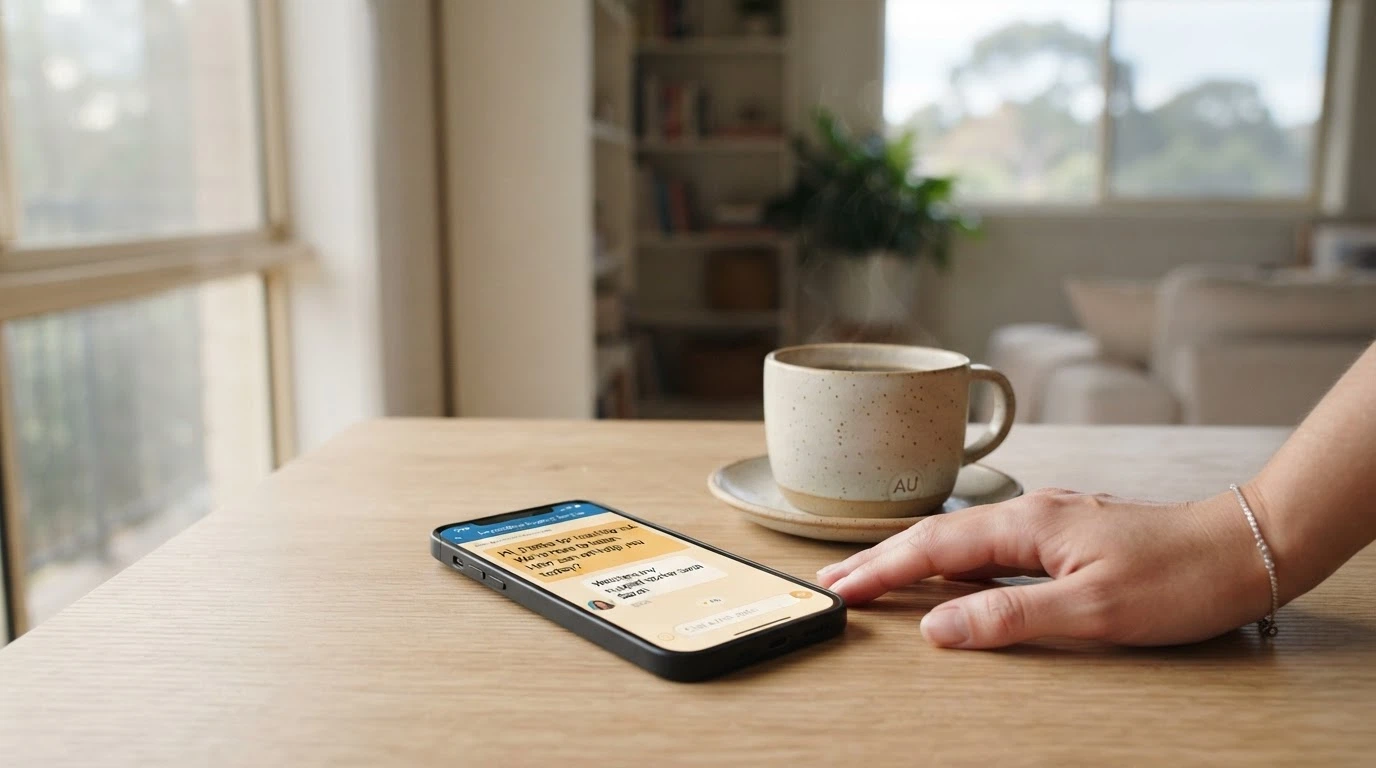 A close-up of a smartphone showing the Gambling Help Online live-chat screen beside a cup of coffee, daylight through a window