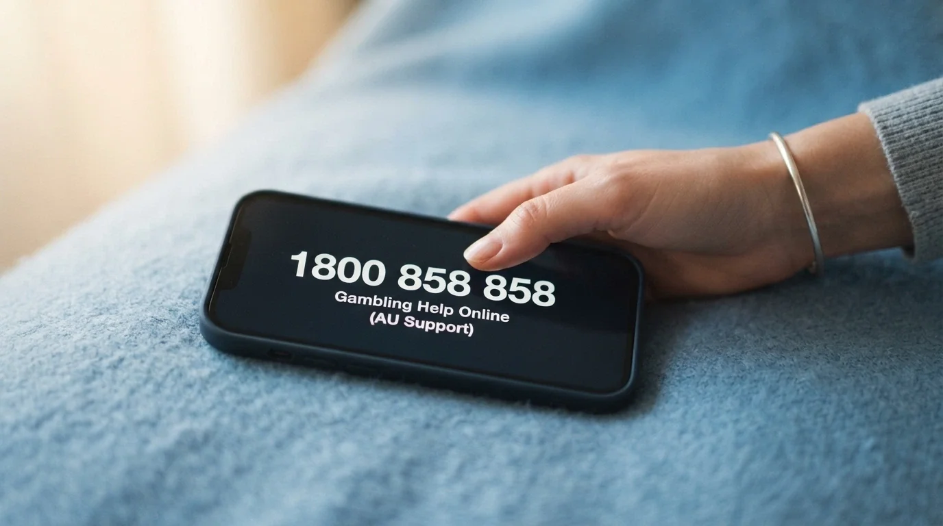 A phone screen displaying the number 1800 858 858 with the words “Gambling Help Online — free, confidential, 24/7” beneath, set against a calm blue background