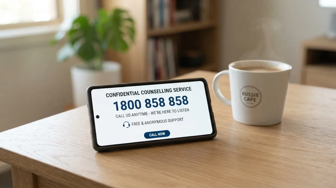 A smartphone showing the Gambling Help Online home screen, with the 1800 858 858 number prominent, resting on a desk beside a cup of coffee