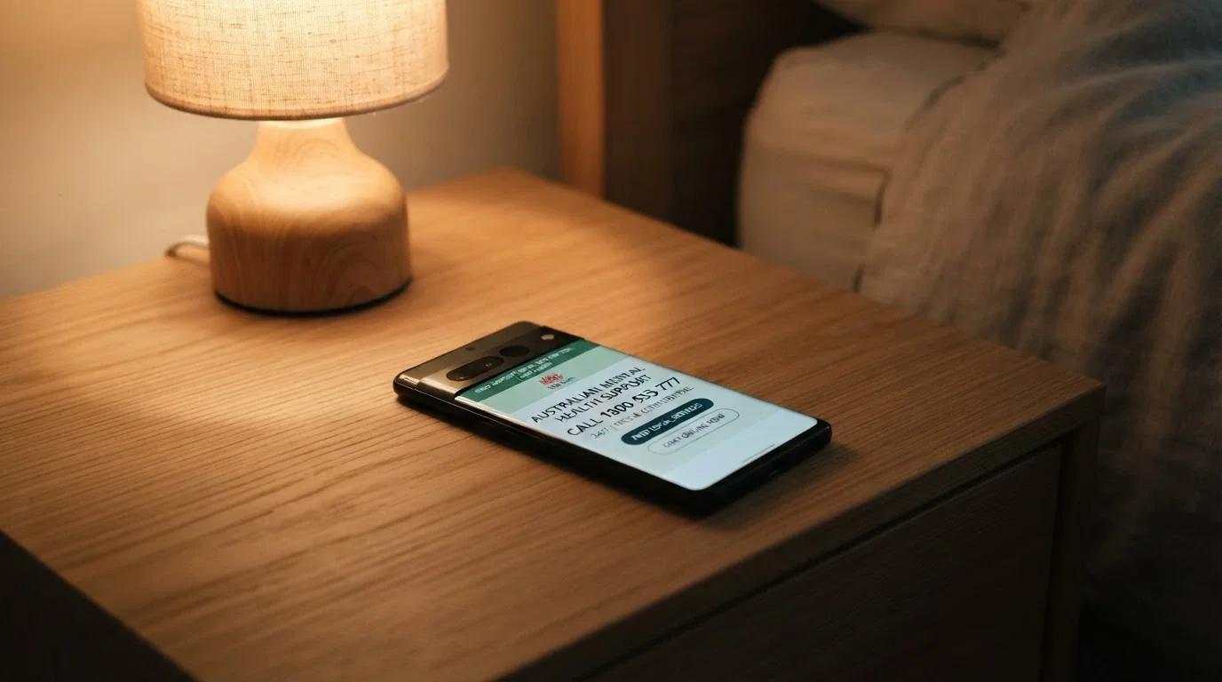 A smartphone showing the Gambling Help Online homepage and the 1800 858 858 number on screen