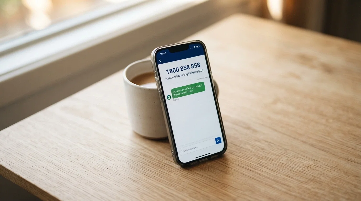 A smartphone screen showing the National Gambling Helpline 1800 858 858 with a support conversation visible