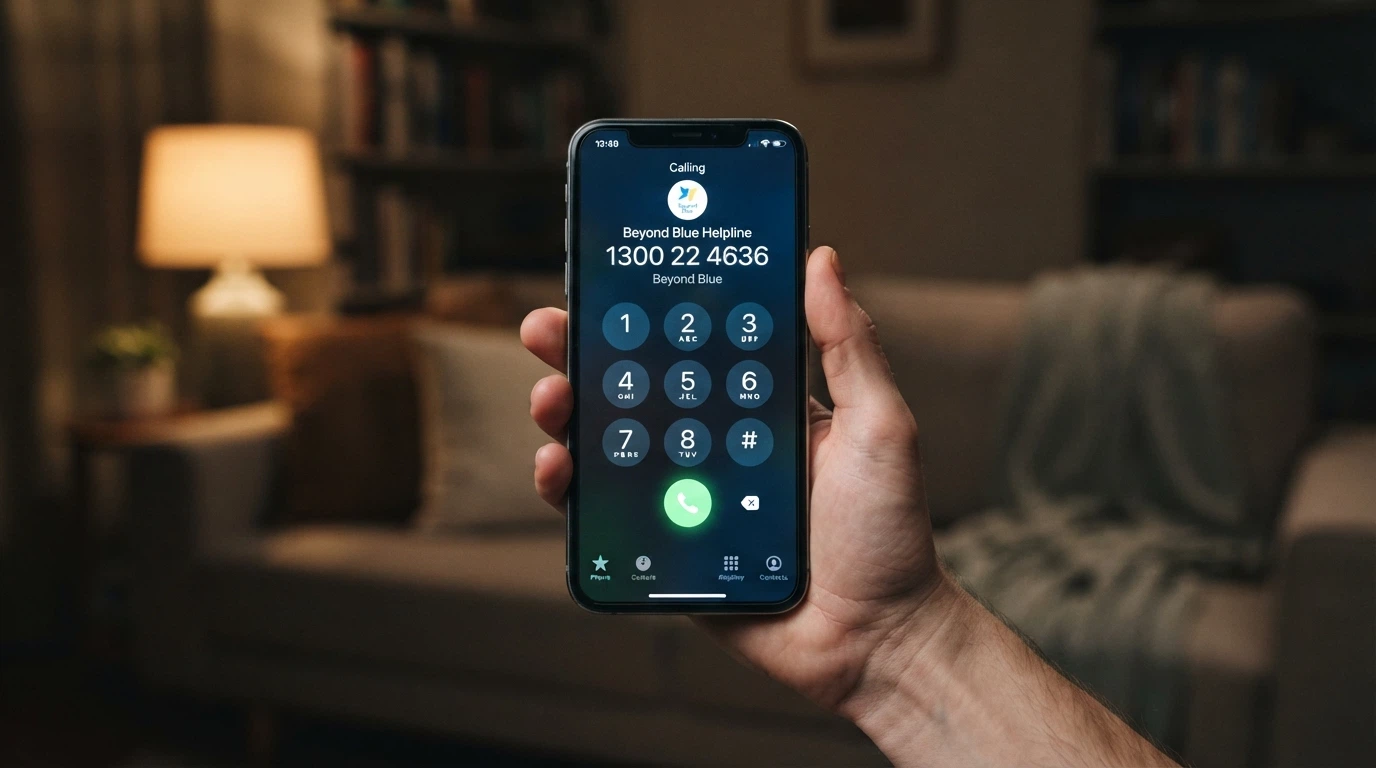 A close-up of a phone keypad with 1800 858 858 dialled and the words Gambling Help Online visible on a screen behind it