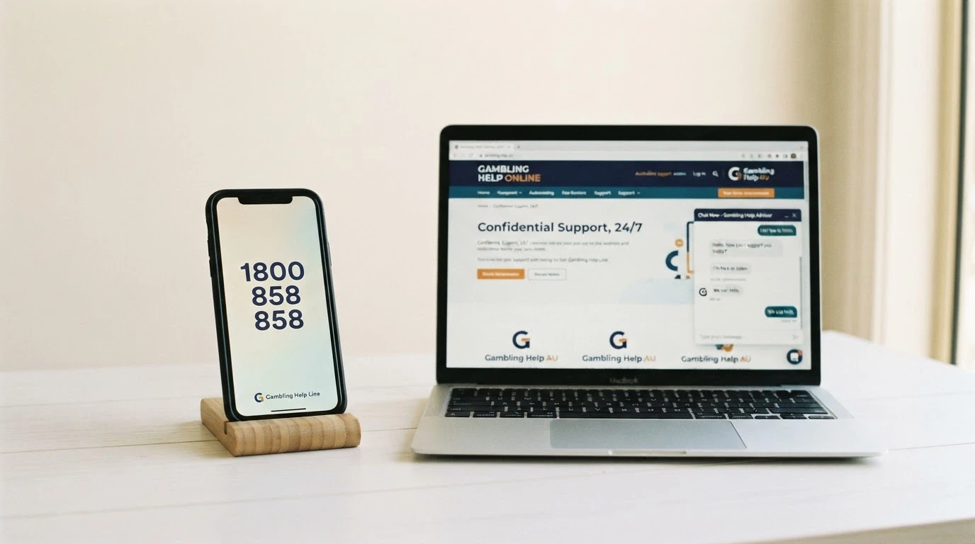 A support-focused composition — a phone displaying the number 1800 858 858 beside a Gambling Help Online screen, calm and uncluttered