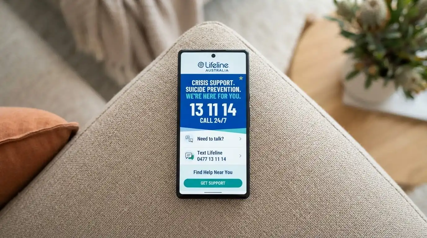 A smartphone showing the Gambling Help Online homepage with the 1800 858 858 number prominent