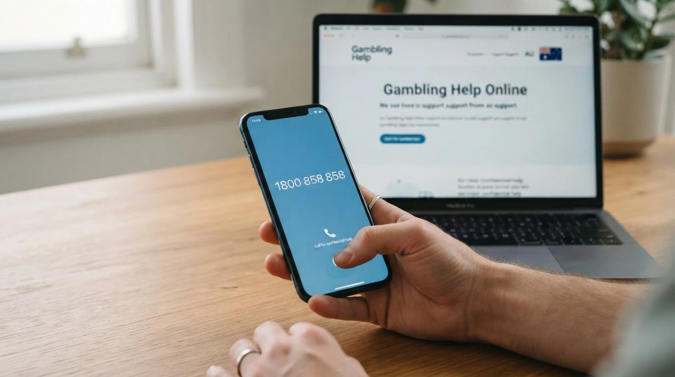 A close-up of a mobile phone dialling 1800 858 858, with a Gambling Help Online browser window visible on a laptop screen behind it