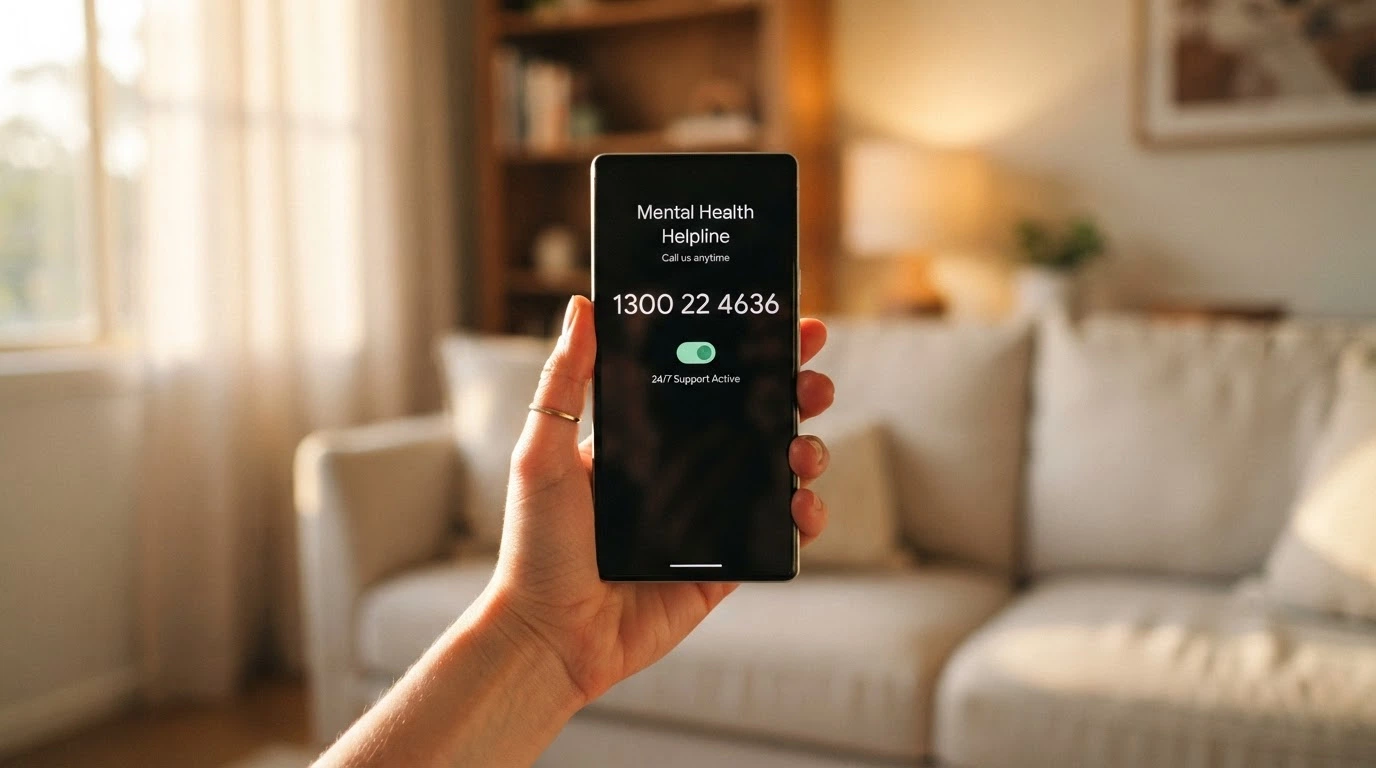 A phone screen showing the 1800 858 858 helpline number beside a self-exclusion toggle switch.