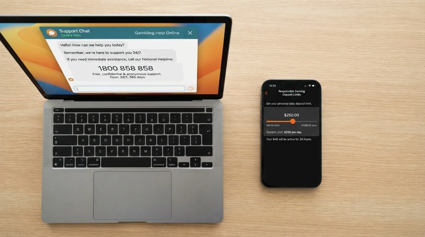 A Gambling Help Online chat window open on a laptop next to a smartphone showing a deposit-limit setting screen, with the 1800 858 858 number visible on both devices
