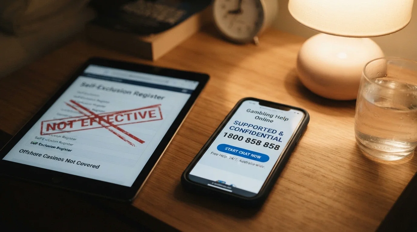 A phone screen showing the Gambling Help Online homepage with the 1800 858 858 number prominently displayed, beside a crossed-out BetStop logo with the label “Offshore Casinos Not Covered” beneath it