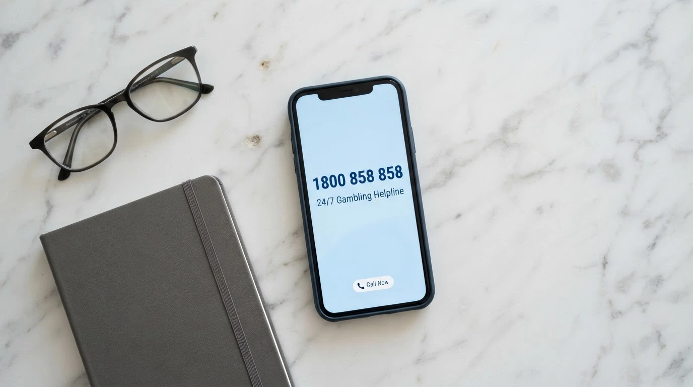 A phone screen displaying the National Gambling Helpline number 1800 858 858 alongside a BetStop registration confirmation page