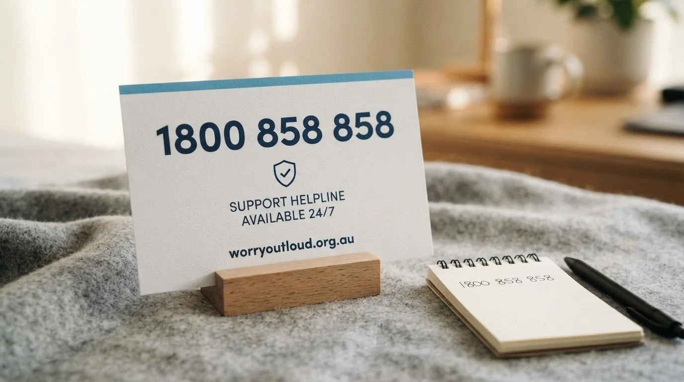 A clean, text-forward card displaying the National Gambling Helpline number (1800 858 858), the Gambling Help Online URL, and the BetStop logo