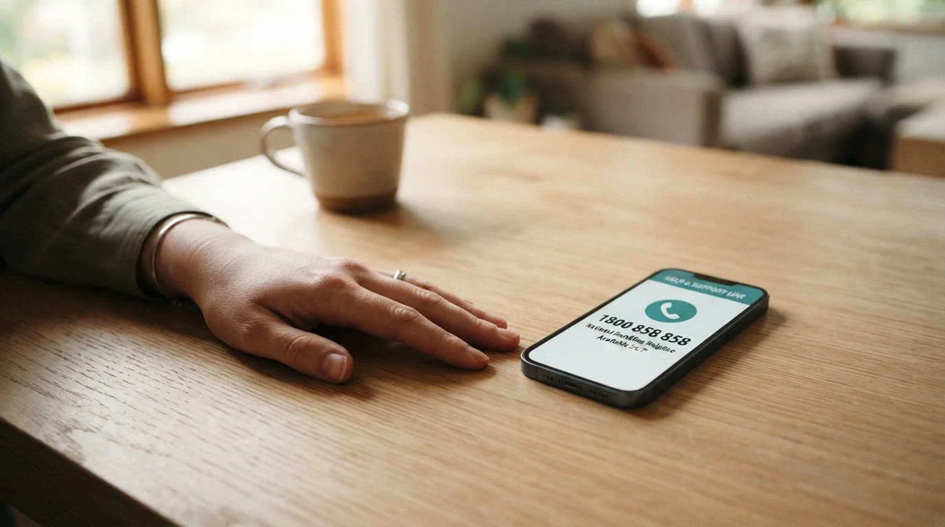 A person's hand resting beside a phone on a table, with a subtle overlay showing the BetStop logo and helpline number 1800 858 858