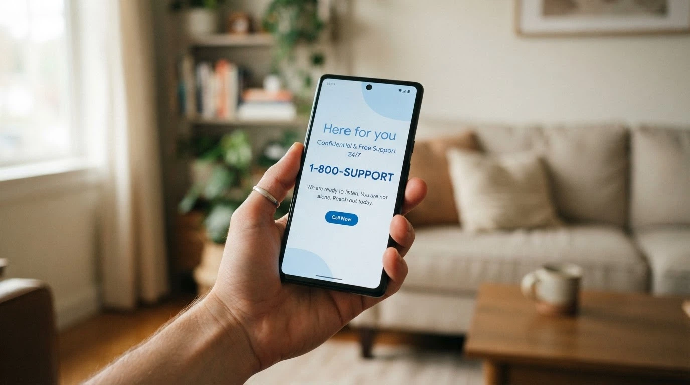 A mobile phone displaying the Gambling Help Online homepage with the 1800 858 858 helpline number prominent, set against a calm, supportive visual background