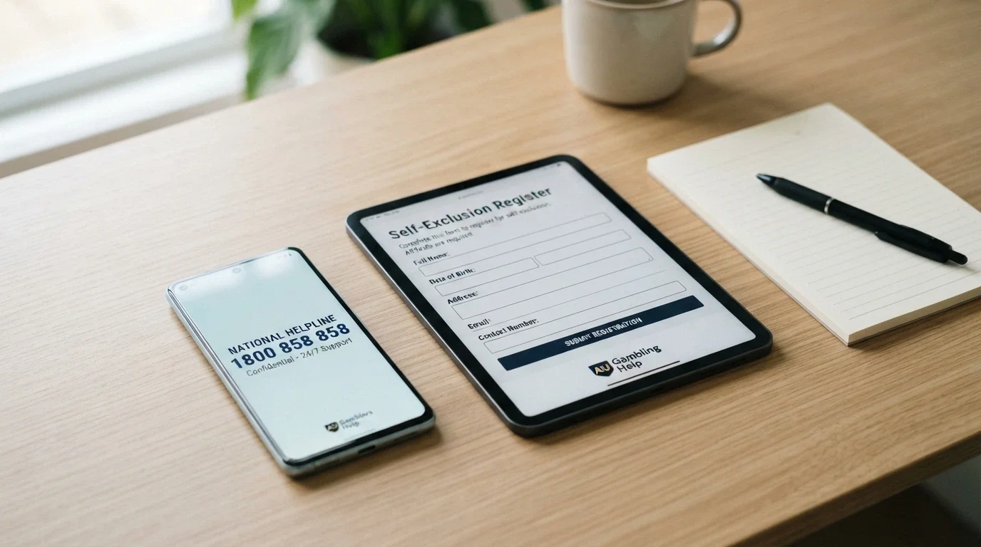 A support-resource setting — a helpline phone, a BetStop registration screen and Gambling Help Online branding on a device