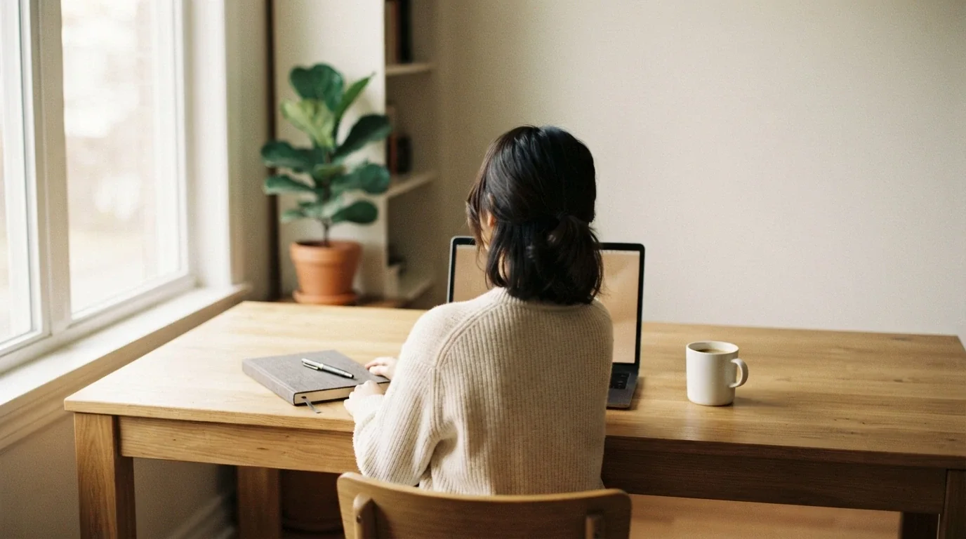 A person at a desk with a laptop, a cup of coffee and a notepad, calm setting with natural light