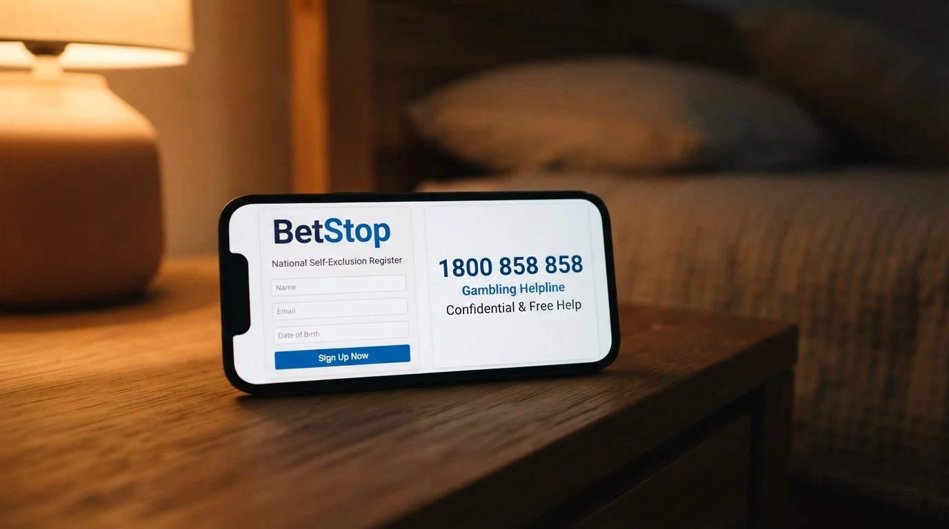 A mobile screen showing the BetStop registration page and the National Gambling Helpline number 1800 858 858 side by side